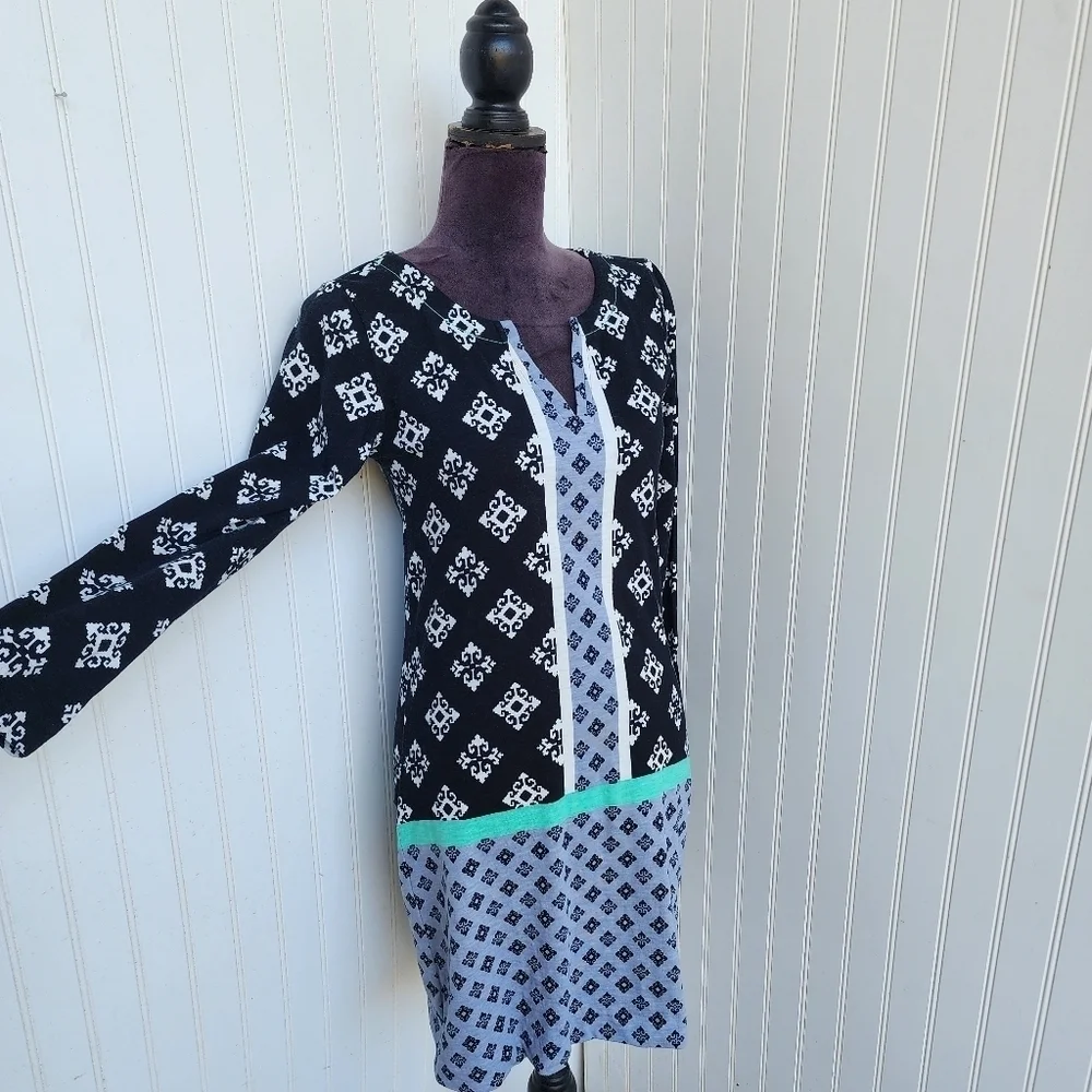 HATLEY Black Blue White Stamp Knee Length Sheath Dress Country Club Preppy Sz S